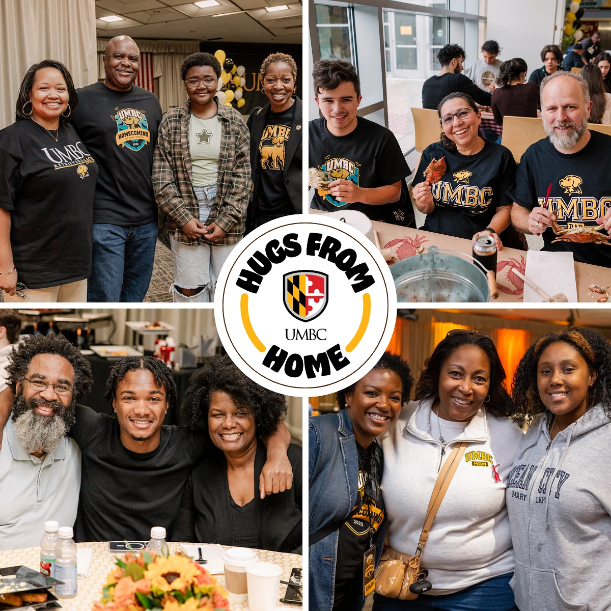 A collage of families and friends enjoying UMBC events with a central logo reading "Hugs From Home UMBC."